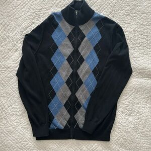 Banana Republic Men’s Black, Blue, and Grey Argyle Zip-Up Sweater Size Medium